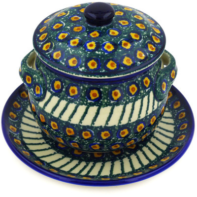 Polish Pottery Bouillon Cup with Lid and Saucer 13 oz Emerald Peacock