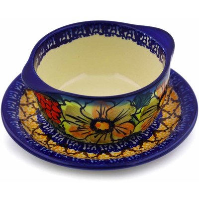 Polish Pottery Bouillon Cup with Saucer 12 oz Colorful Bouquet UNIKAT