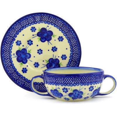 Polish Pottery Bouillon Cup with Saucer 13 oz Bleu-belle Fleur