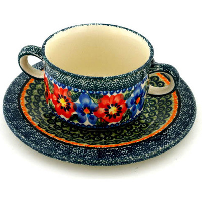 Polish Pottery Bouillon Cup with Saucer 13 oz Blue And Red Poppies UNIKAT