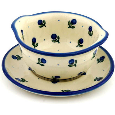 Polish Pottery Bouillon Cup with Saucer 13 oz Blue Buds