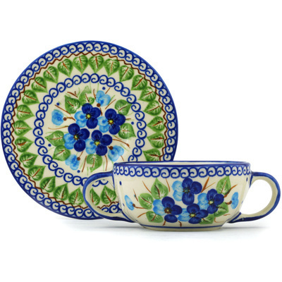 Polish Pottery Bouillon Cup with Saucer 13 oz Blue Pansy