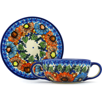 Polish Pottery Bouillon Cup with Saucer 13 oz Bold Poppies