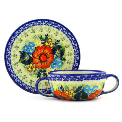 Polish Pottery Bouillon Cup with Saucer 13 oz Bold Red Poppies UNIKAT