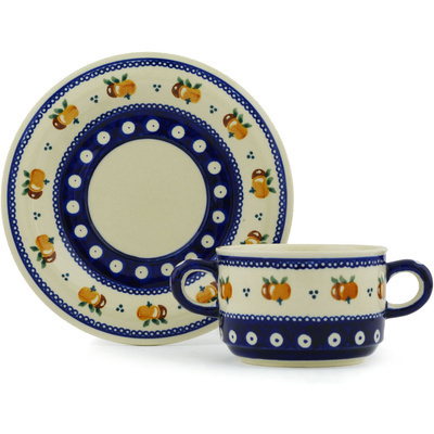Polish Pottery Bouillon Cup with Saucer 13 oz Country Apple Peacock