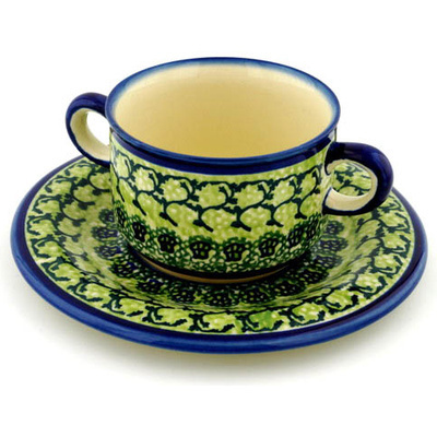 Polish Pottery Bouillon Cup with Saucer 13 oz Emerald Forest