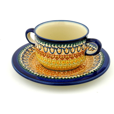 Polish Pottery Bouillon Cup with Saucer 13 oz Golden Tulip UNIKAT