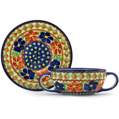 Polish Pottery Bouillon Cup with Saucer 13 oz Paradise Poppy