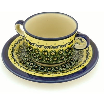 Polish Pottery Bouillon Cup with Saucer 13 oz Peacock Bumble Bee