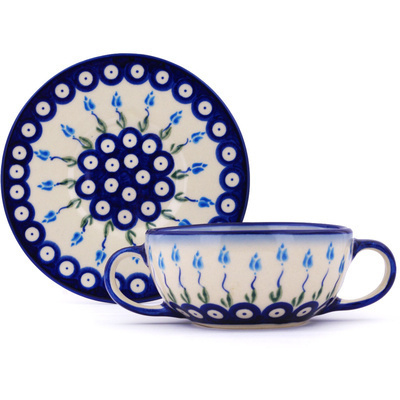 Polish Pottery Bouillon Cup with Saucer 13 oz Peacock Tulip Garden