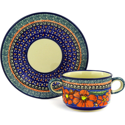 Polish Pottery Bouillon Cup with Saucer 13 oz Poppies UNIKAT