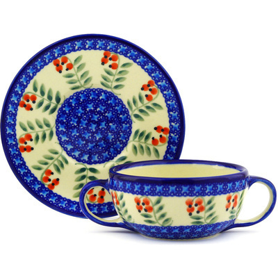 Polish Pottery Bouillon Cup with Saucer 13 oz Red Berries