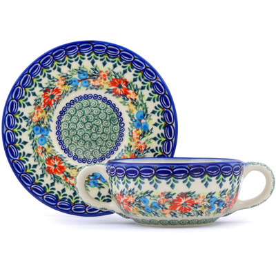 Polish Pottery Bouillon Cup with Saucer 13 oz Ring Of Flowers UNIKAT