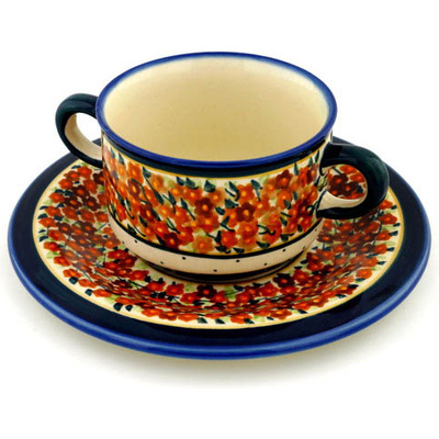Polish Pottery Bouillon Cup with Saucer 13 oz Russett Floral