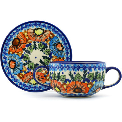 Polish Pottery Bouillon Cup with Saucer 19 oz Bold Poppies