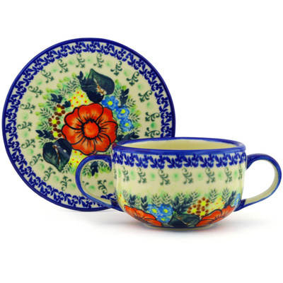 Polish Pottery Bouillon Cup with Saucer 19 oz Bold Red Poppies UNIKAT