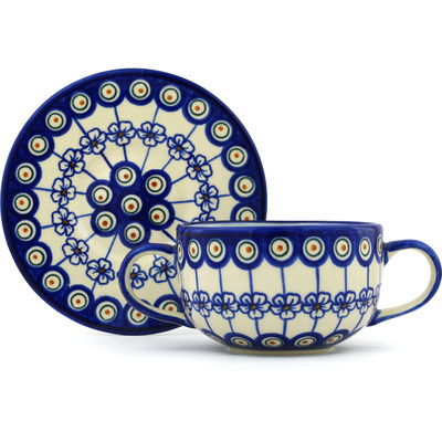 Polish Pottery Bouillon Cup with Saucer 19 oz Flowering Peacock