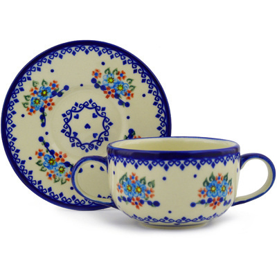 Polish Pottery Bouillon Cup with Saucer 19 oz Hearts And Flowers