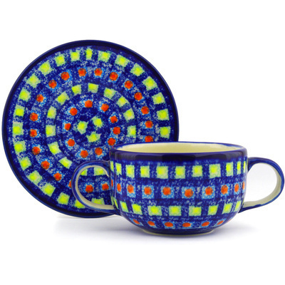 Polish Pottery Bouillon Cup with Saucer 19 oz Mosaic Tile