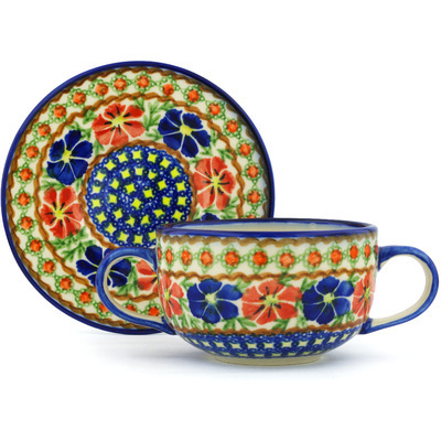 Polish Pottery Bouillon Cup with Saucer 19 oz Paradise Poppy