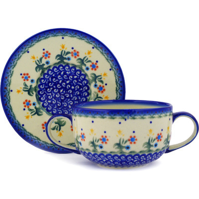 Polish Pottery Bouillon Cup with Saucer 19 oz Spring Flowers