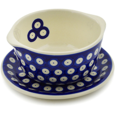 Polish Pottery Bouillon cup with saucer Blue Eyed Peacock