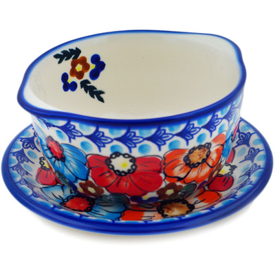 Polish Pottery Bouillon cup with saucer Bold Poppies
