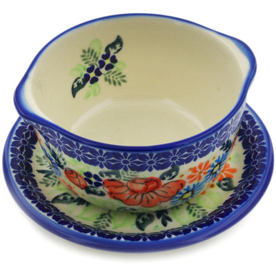 Polish Pottery Bouillon cup with saucer Bold Poppies UNIKAT