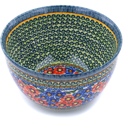 Polish Pottery Bowl 10&quot; Blue And Red Poppies UNIKAT