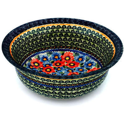Polish Pottery Bowl 10&quot; Blue And Red Poppies UNIKAT