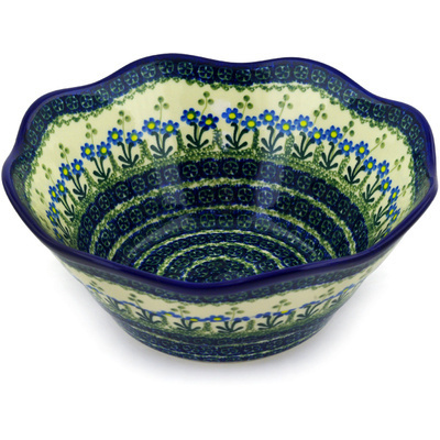 Polish Pottery Bowl 10&quot; Blue Daisy Circle