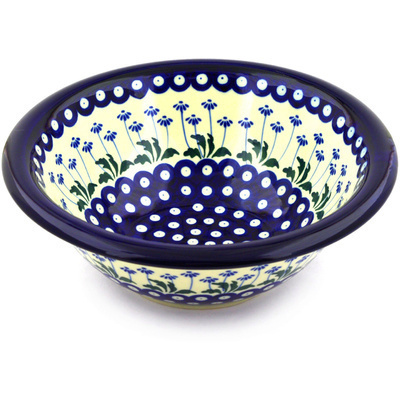 Polish Pottery Bowl 10&quot; Blue Daisy Peacock