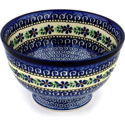 Polish Pottery Bowl 10&quot; Blue Daisy Swirls