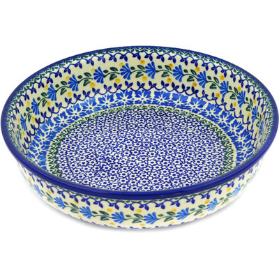 Polish Pottery Bowl 10&quot; Blue Fan Flowers
