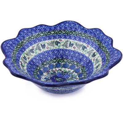 Polish Pottery Bowl 10&quot; Blue Meadow UNIKAT