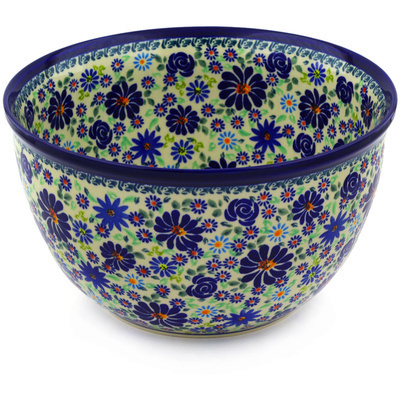 Polish Pottery Bowl 10&quot; Blue Summer Garden