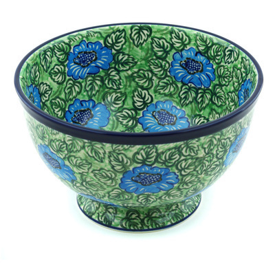 Polish Pottery Bowl 10&quot; Bold Blue Sunflower UNIKAT