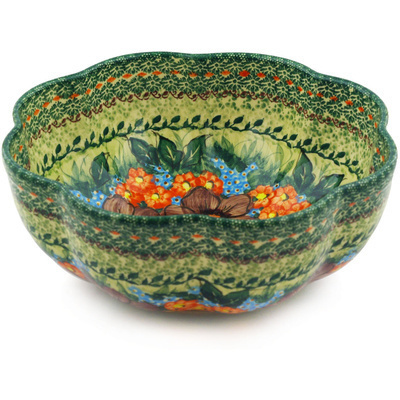 Polish Pottery Bowl 10&quot; Brown Rose Bouquet UNIKAT