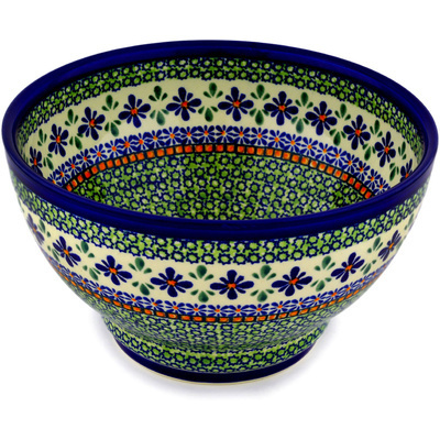 Polish Pottery Bowl 10&quot; Gingham Flowers