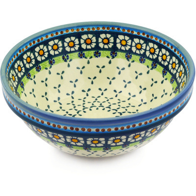 Polish Pottery Bowl 10&quot; Green Daisy