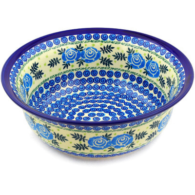 Polish Pottery Bowl 10&quot; Lady Blue Roses UNIKAT