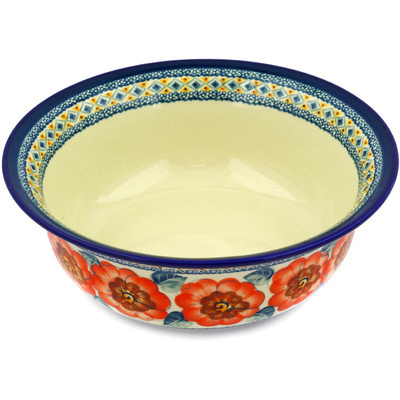 Polish Pottery Bowl 10&quot; Peach Poppies UNIKAT