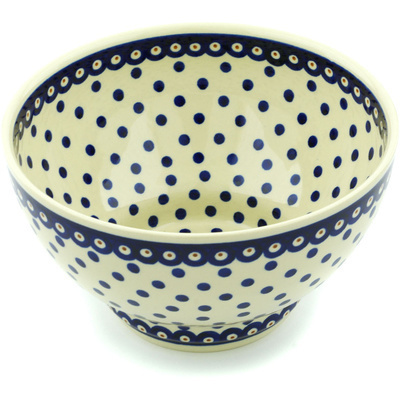 Polish Pottery Bowl 10&quot; Peacock Dots