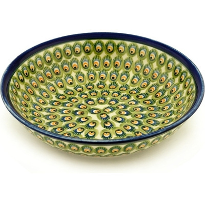 Polish Pottery Bowl 10&quot; Peacock Feathers