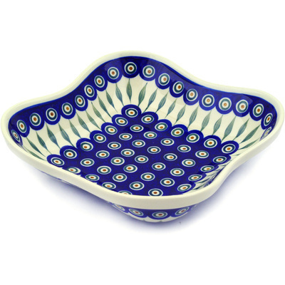 Polish Pottery Bowl 10&quot; Peacock Leaves