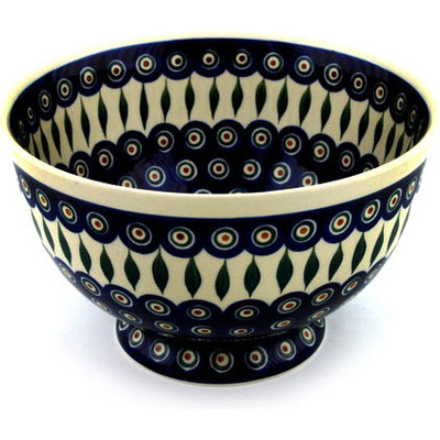 Polish Pottery Bowl 10&quot; Peacock Leaves