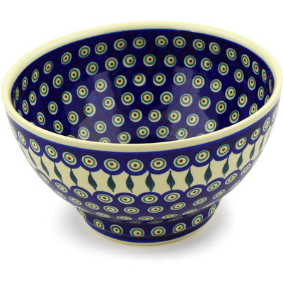Polish Pottery Bowl 10&quot; Peacock Leaves