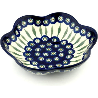 Polish Pottery Bowl 10&quot; Peacock Leaves