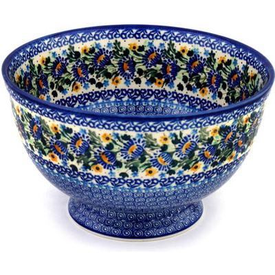 Polish Pottery Bowl 10&quot; Peeking Flowers UNIKAT