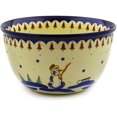 Polish Pottery Bowl 10&quot; Snowman Bells